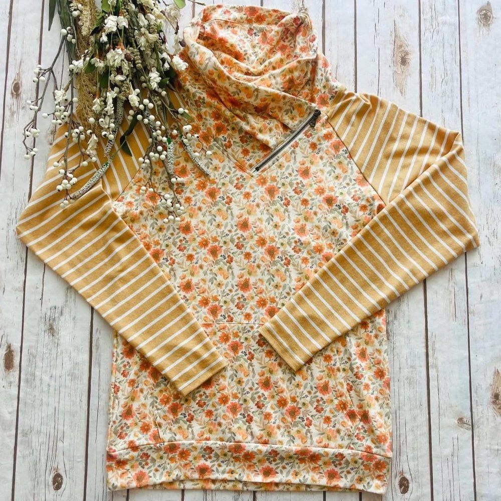 Classic Zoey Zip Cowl Sweatshirt NWT by Michelle Mae - Mustard Floral Stripe